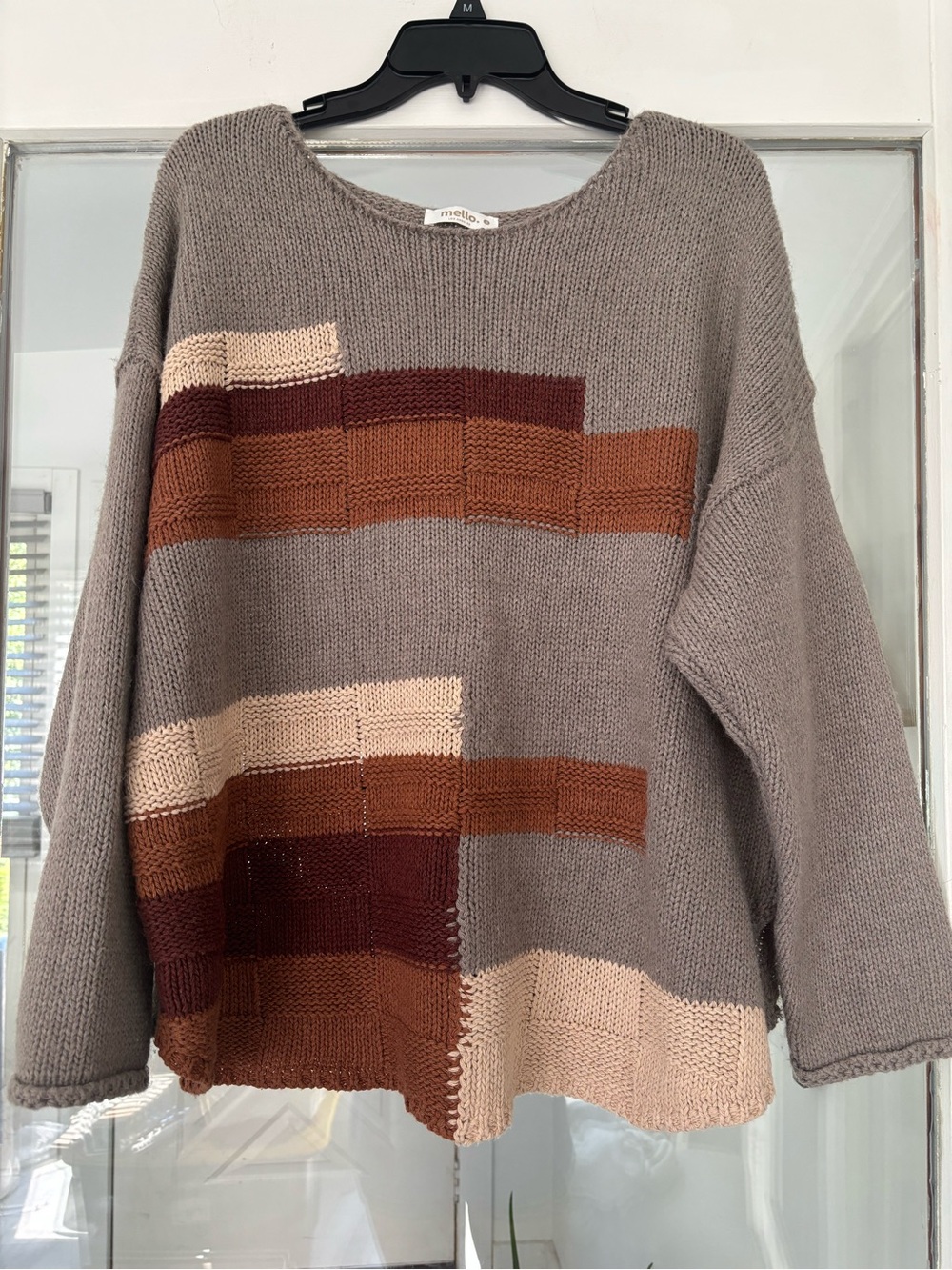 Mello Taupe Crewneck Sweater with Brown & Cream Block Stripes